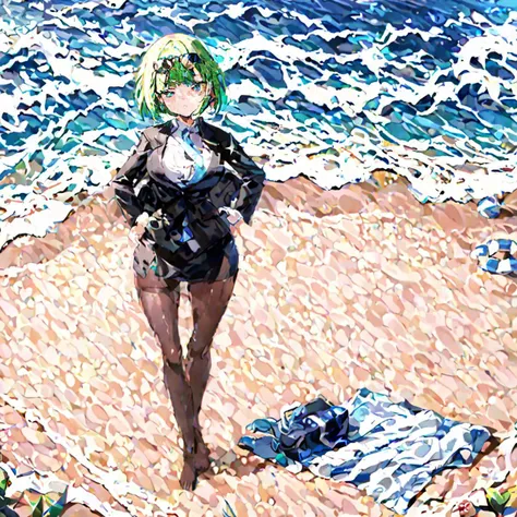 1girl, solo, suit and tie, black jacket, medium breasts, pencil skirt, white shirt, thighhighs, skindentation, no shoes, blue toenails, hand on hip, standing, beach, waves, islands, clouds, beach towel, light green hair, green eyes, bob cut, blunt bangs, sunglasses on head, mountainous horizon