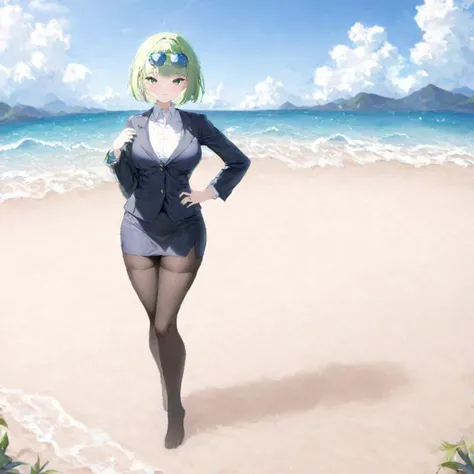 1girl, solo, suit and tie, black jacket, medium breasts, pencil skirt, white shirt, thighhighs, skindentation, no shoes, blue toenails, hand on hip, standing, beach, waves, islands, clouds, beach towel, light green hair, green eyes, bob cut, blunt bangs, sunglasses on head, mountainous horizon