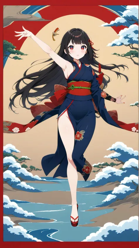 1girl, solo, full body, Enma Ai, long hair, black hair, red eyes, blunt bangs, black kimono, floral pattern, one arm extended, ukiyo-e, detailed background