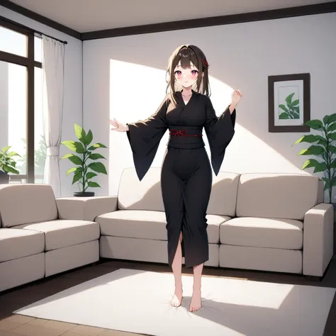 1girl, solo, black kimono, standing, couch, one arm extended, potted plants, living room, barefoot, full body, Enma Ai