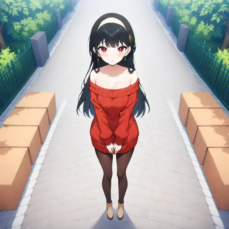 1girl, solo, long hair, looking at viewer, smile, black hair, red eyes, long sleeves, dress, bare shoulders, full body, jewelry, closed mouth, standing, collarbone, pantyhose, hairband, earrings, outdoors, off shoulder, sweater, black pantyhose, brown footwear, red dress, own hands together, box, straight hair, v arms, white hairband, fence, off-shoulder dress, road, sweater dress, off-shoulder sweater, red sweater, cardboard box, pavement, yor briar, yor forger <lora:Double_double_Killer_Wives:1>