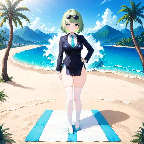 1girl, solo, suit and tie, black jacket, medium breasts, pencil skirt, white shirt, thighhighs, skindentation, no shoes, blue toenails, hand on hip, standing, beach, waves, islands, clouds, beach towel, light green hair, green eyes, bob cut, blunt bangs, sunglasses on head, mountainous horizon