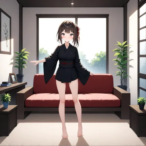 1girl, solo, black kimono, standing, couch, one arm extended, potted plants, living room, barefoot, full body, Enma Ai
