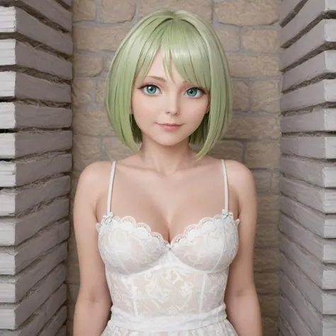 1girl, solo, finger on lips, shushing, stacks of money, light green hair, green eyes, bob cut, white dress, lace trim, covered navel, upper body, vault, gorgeous smile, photorealistic