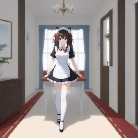 Tingyun \(Honkai: Star Rail\), brown hair, green eyes, fox ears, fox tail, maid outfit, short dress, white thighhighs, Mary Janes, indoors, shiny floor, mansion, velvet chair, table, chandelier, wine, champagne, window, hallway, doors, windows, curtains, red carpet  <lora:Double_double_Tharja_Kawakami:1> 1girl, solo,