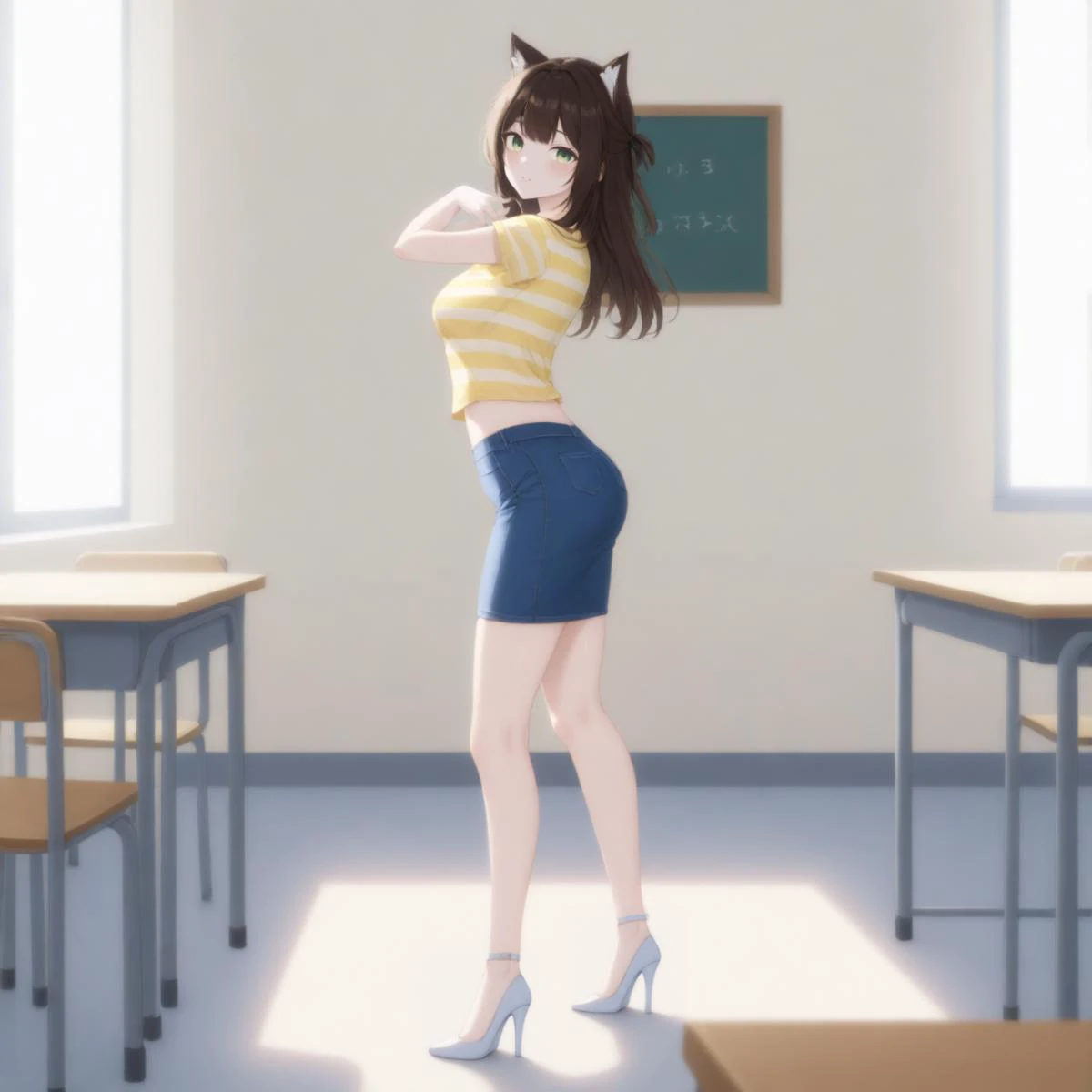 Tingyun \(Honkai: Star Rail\), brown hair, green eyes, fox ears, fox tail, yellow striped shirt, jean skirt, bare legs, white high heels, leaning forward, contrapposto, classroom, tables, chairs, chalkboard, podium, windows, door, hand on hip, adjusting hair  <lora:Double_double_Tharja_Kawakami:1> 1girl, solo,