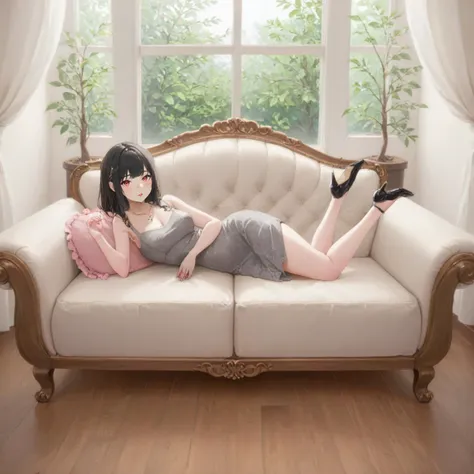 1girl, solo, black hair, red eyes, D \(Killer Wife\) \(Nikke\), hairclip, necklace, Dongtan dress, grey dress, high heels, pink lipstick, living room, window, potted plants, <lora:Double_double_Killer_Wives:1> laying on couch, on stomach