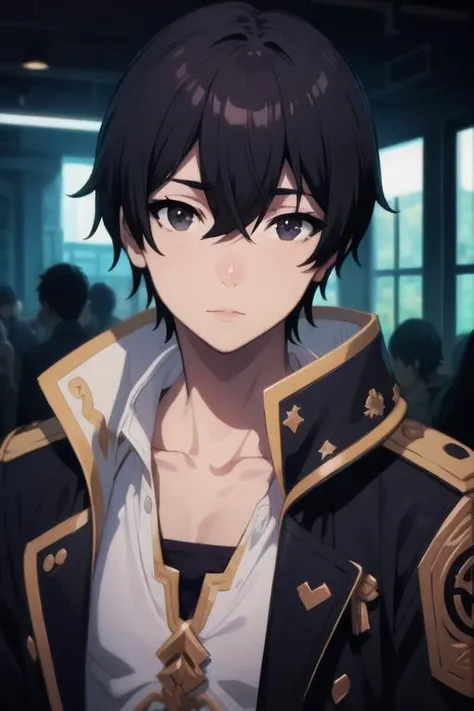 masterpiece, best quality, high quality, 1boy, solo, male focus, looking at viewer, upper body, <lora:cid_kagenou:0.66>, cid_kagenou, black hair, black eyes, hair between eyes, realistic, jacket