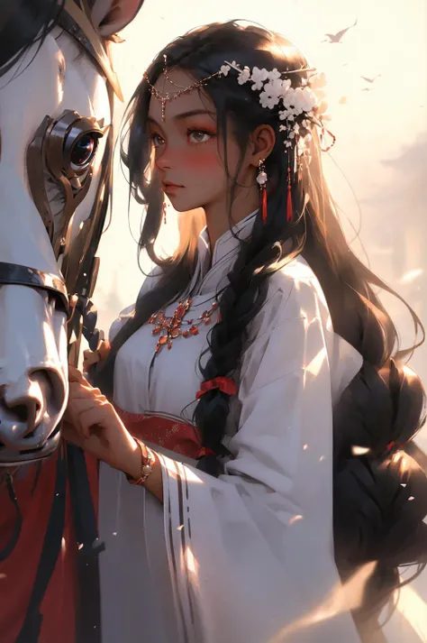 1girl,white horse, black hair, earrings, jewelry, long hair, horseback riding, looking at viewer, sash, solo, dark skin, blush, braid, riding,  snow,<lora:niji_20230529141232:0.8> <lyco:GoodHands-beta2:1>, masterpiece, best quality,