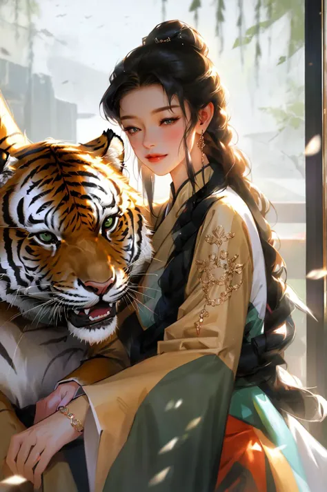 1girl, smile, tiger, closed eyes, braid, jewelry, long sleeves, earrings, animal, own hands together, glowing, long hair, single braid, green eyes, grin, short over long sleeves, layered sleeves, short sleeves, looking at viewer, chinese clothes, blush, hair ornament, glowing eyes, upper body, teeth, ^_^, <lora:niji_20230529141232:0.9>  <lyco:GoodHands-beta2:1>, masterpiece, best quality,