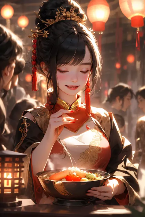 <lora:niji_20230529141232:0.8>, food, holding, smile, hair ornament, closed eyes, solo focus, blush, bangs, lantern, black hair, paper lantern, fish, 1girl, blurry, red nails, upper body, long sleeves, bowl, nail polish, blurry background, chinese clothes, frills, grin, hair bun, multiple girls, festival <lyco:GoodHands-beta2:1>, masterpiece, best quality,