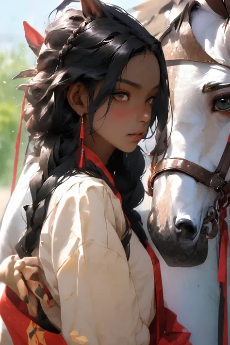 1girl, horse, black hair, earrings, jewelry, long hair, horseback riding, looking at viewer, sash, solo, dark skin, blush, braid, riding, dark-skinned female, snow,<lora:niji_20230529141232:0.9> <lyco:GoodHands-beta2:1>, masterpiece, best quality,