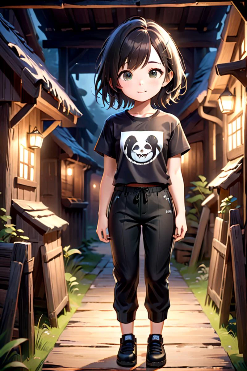 <lora:cutifiedanimecharacterdesign_variant_type_C_SDXL_v10:0.55>
one girl standing alone in a wooden village, hair is short, wearing a t-shirt and black box pants,
full body, looking at viewer, smile,
The soft lighting and detailed surroundings create an immersive environment where imagination runs wild,
hyper-detailed, high quality visuals, dim Lighting, ultra-realistic, sharply focused, octane render, 8k UHD