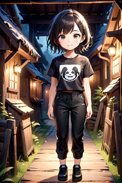 <lora:cutifiedanimecharacterdesign_variant_type_C_SDXL_v10:0.55>
one girl standing alone in a wooden village, hair is short, wearing a t-shirt and black box pants, 
full body, looking at viewer, smile,
The soft lighting and detailed surroundings create an immersive environment where imagination runs wild,
hyper-detailed, high quality visuals, dim Lighting, ultra-realistic, sharply focused, octane render, 8k UHD