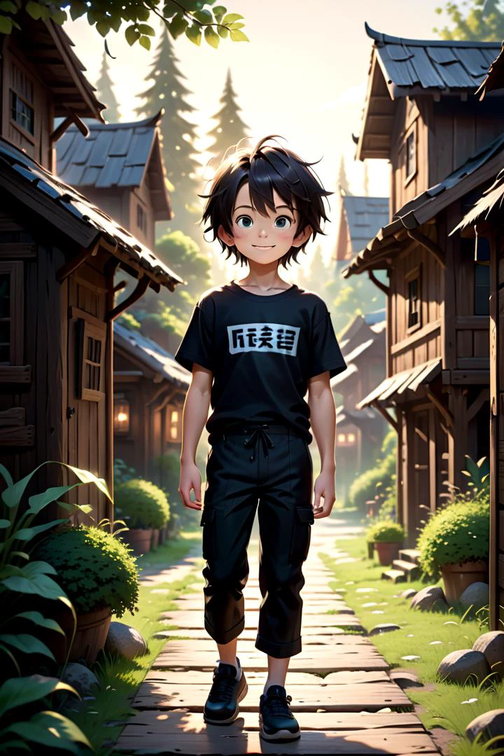 <lora:cutifiedanimecharacterdesign_variant_type_C_SDXL_v10:0.55>
one boy standing alone in a wooden village, hair is short, wearing a t-shirt and black box pants,
full body, looking at viewer, smile,
The soft lighting and detailed surroundings create an immersive environment where imagination runs wild,
hyper-detailed, high quality visuals, dim Lighting, ultra-realistic, sharply focused, octane render, 8k UHD