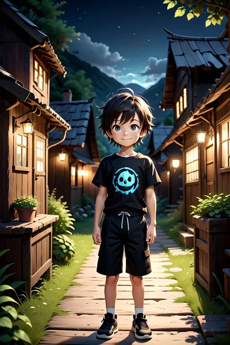 <lora:cutifiedanimecharacterdesign_variant_type_C_SDXL_v10:0.55>
one boy standing alone in a wooden village, hair is short, wearing a t-shirt and black box pants, 
full body, looking at viewer, smile,
The soft lighting and detailed surroundings create an immersive environment where imagination runs wild,
hyper-detailed, high quality visuals, dim Lighting, ultra-realistic, sharply focused, octane render, 8k UHD