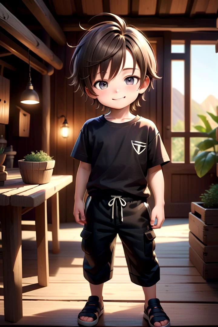 <lora:cutifiedanimecharacterdesign_variant_type_C_SDXL_v10:0.55>
one boy standing alone in a wooden village, hair is short, wearing a t-shirt and black box pants,
full body, looking at viewer, smile,
The soft lighting and detailed surroundings create an immersive environment where imagination runs wild,
hyper-detailed, high quality visuals, dim Lighting, ultra-realistic, sharply focused, octane render, 8k UHD