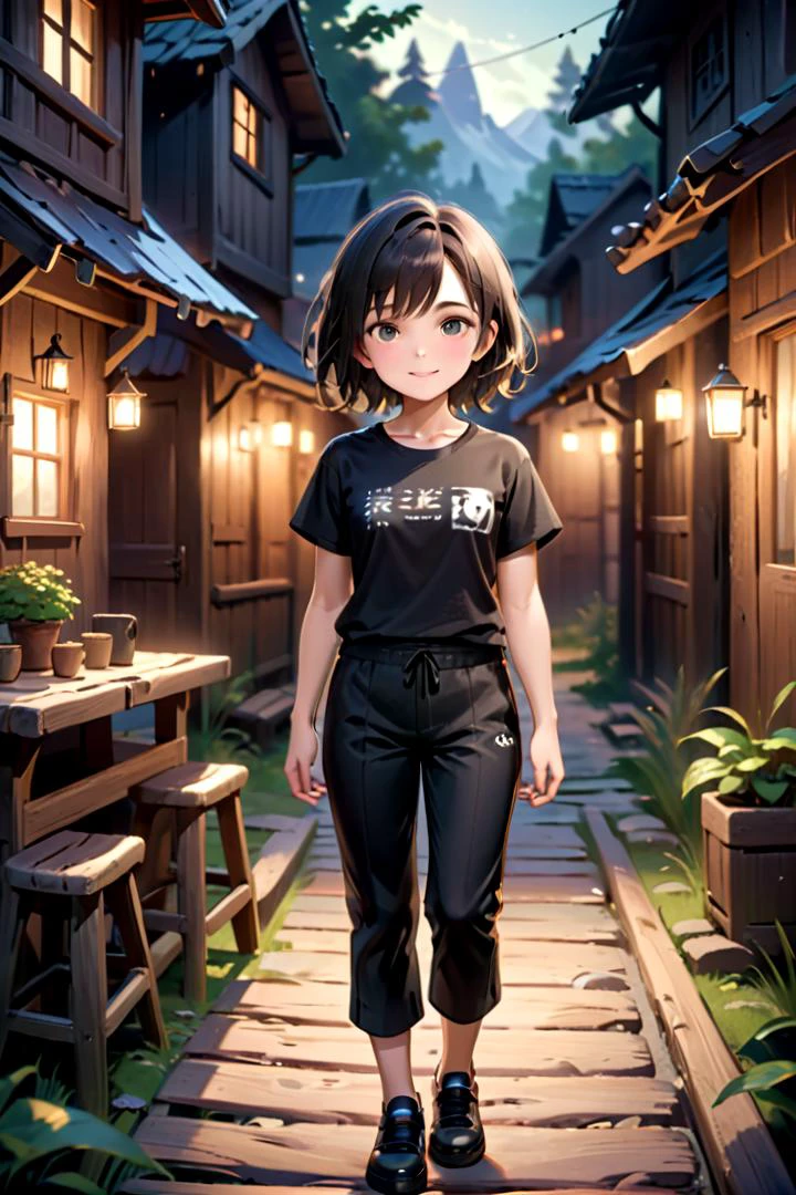 <lora:cutifiedanimecharacterdesign_variant_type_C_SDXL_v10:0.55>
one girl standing alone in a wooden village, hair is short, wearing a t-shirt and black box pants,
full body, looking at viewer, smile,
The soft lighting and detailed surroundings create an immersive environment where imagination runs wild,
hyper-detailed, high quality visuals, dim Lighting, ultra-realistic, sharply focused, octane render, 8k UHD