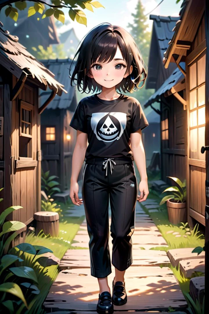 <lora:cutifiedanimecharacterdesign_variant_type_C_SDXL_v10:0.55>
one girl standing alone in a wooden village, hair is short, wearing a t-shirt and black box pants,
full body, looking at viewer, smile,
The soft lighting and detailed surroundings create an immersive environment where imagination runs wild,
hyper-detailed, high quality visuals, dim Lighting, ultra-realistic, sharply focused, octane render, 8k UHD