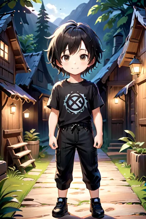 <lora:cutifiedanimecharacterdesign_variant_type_C_SDXL_v10:0.55>
one boy standing alone in a wooden village, hair is short, wearing a t-shirt and black box pants, 
full body, looking at viewer, smile,
The soft lighting and detailed surroundings create an immersive environment where imagination runs wild,
hyper-detailed, high quality visuals, dim Lighting, ultra-realistic, sharply focused, octane render, 8k UHD