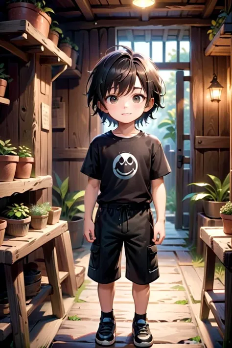 <lora:cutifiedanimecharacterdesign_variant_type_C_SDXL_v10:0.55>
one boy standing alone in a wooden village, hair is short, wearing a t-shirt and black box pants, 
full body, looking at viewer, smile,
The soft lighting and detailed surroundings create an immersive environment where imagination runs wild,
hyper-detailed, high quality visuals, dim Lighting, ultra-realistic, sharply focused, octane render, 8k UHD