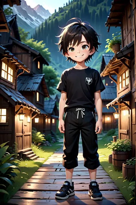 <lora:cutifiedanimecharacterdesign_variant_type_C_SDXL_v10:0.55>
one boy standing alone in a wooden village, hair is short, wearing a t-shirt and black box pants, 
full body, looking at viewer, smile,
The soft lighting and detailed surroundings create an immersive environment where imagination runs wild,
hyper-detailed, high quality visuals, dim Lighting, ultra-realistic, sharply focused, octane render, 8k UHD