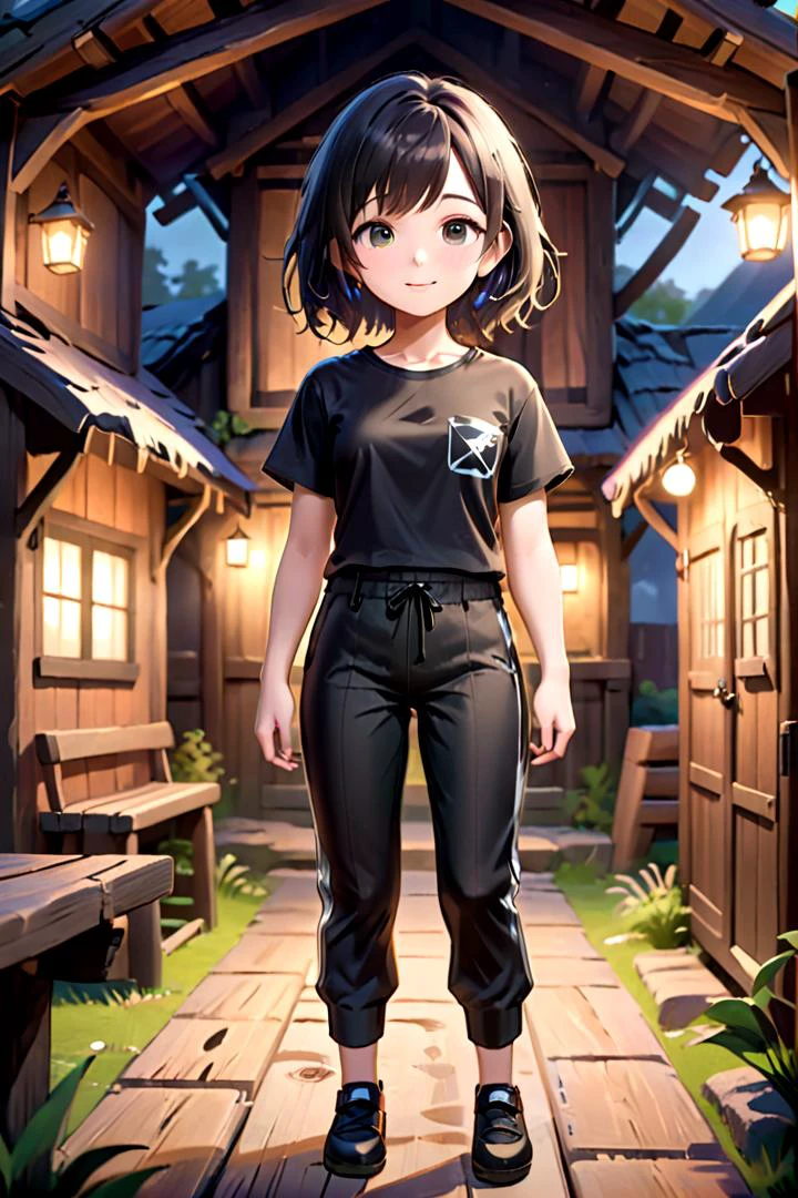 <lora:cutifiedanimecharacterdesign_variant_type_C_SDXL_v10:0.55>
one girl standing alone in a wooden village, hair is short, wearing a t-shirt and black box pants,
full body, looking at viewer, smile,
The soft lighting and detailed surroundings create an immersive environment where imagination runs wild,
hyper-detailed, high quality visuals, dim Lighting, ultra-realistic, sharply focused, octane render, 8k UHD