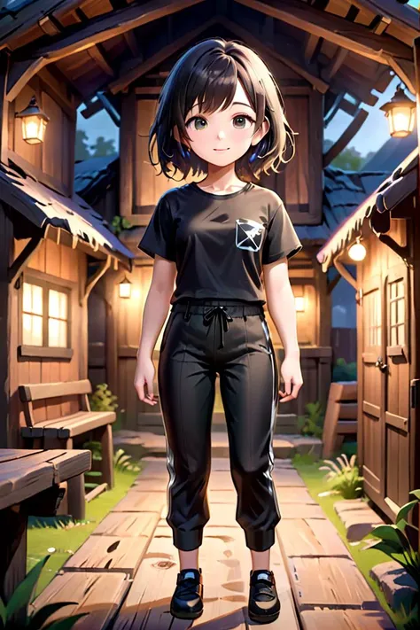 <lora:cutifiedanimecharacterdesign_variant_type_C_SDXL_v10:0.55>
one girl standing alone in a wooden village, hair is short, wearing a t-shirt and black box pants, 
full body, looking at viewer, smile,
The soft lighting and detailed surroundings create an immersive environment where imagination runs wild,
hyper-detailed, high quality visuals, dim Lighting, ultra-realistic, sharply focused, octane render, 8k UHD