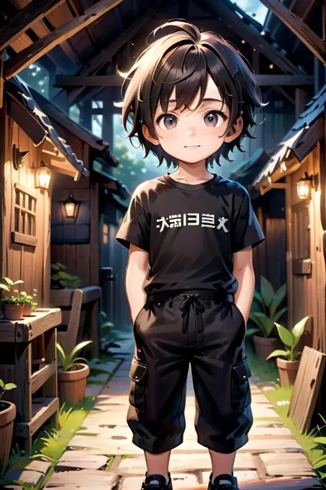 <lora:cutifiedanimecharacterdesign_variant_type_C_SDXL_v10:0.55>
one boy standing alone in a wooden village, hair is short, wearing a t-shirt and black box pants,
full body, looking at viewer, smile,
The soft lighting and detailed surroundings create an immersive environment where imagination runs wild,
hyper-detailed, high quality visuals, dim Lighting, ultra-realistic, sharply focused, octane render, 8k UHD