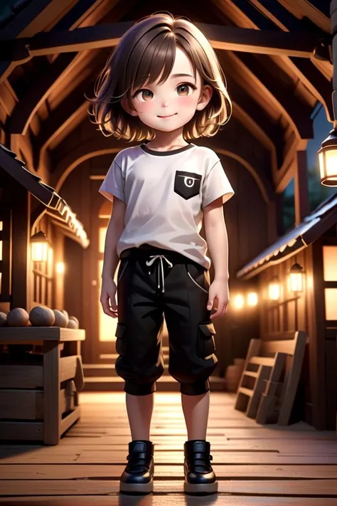 <lora:cutifiedanimecharacterdesign_variant_type_C_SDXL_v10:0.55>
one girl standing alone in a wooden village, hair is short, wearing a t-shirt and black box pants,
full body, looking at viewer, smile,
The soft lighting and detailed surroundings create an immersive environment where imagination runs wild,
hyper-detailed, high quality visuals, dim Lighting, ultra-realistic, sharply focused, octane render, 8k UHD