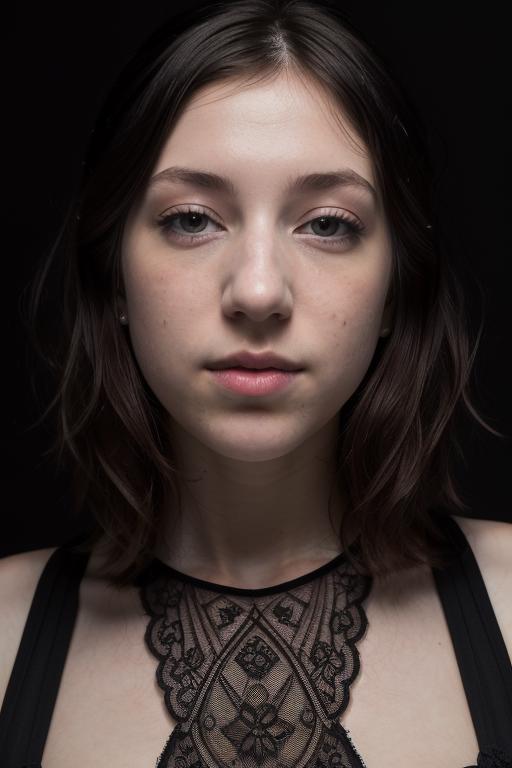 A close up of a woman with a black top and a black background - SeaArt AI