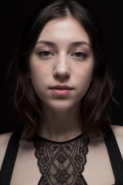 A close up of a woman with a black top and a black background SeaArt AI