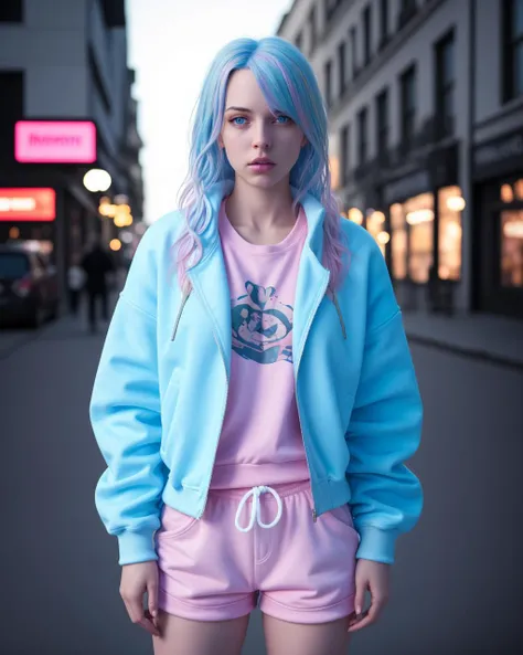 (8k, RAW photo, best quality, masterpiece:1.2), (realistic, photo-realistic:1.37), ultra-detailed,full body,1 girl, solo,beautiful detailed sky,detailed cafe,night,beautiful detailed eyes,beautiful detailed lips,professional lighting, photon mapping, radiosity, physically-based rendering,extremely detailed eyes and face, beautiful detailed eyes,light on face,cinematic lighting,pink sweat shirt,white sneakers,jacket,1girl,full body,full-body shot,see-through,looking at viewer,outdoors,((blue hair))