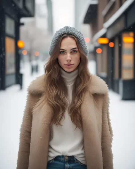 professional portrait photograph of Gal Gadot in winter clothing with long wavy blonde hair, ((sultry flirty look)), freckles, beautiful symmetrical face, cute natural makeup, ((standing outside in snowy city street)), stunning modern urban upscale environment, ultra realistic, concept art, elegant, highly detailed, intricate, sharp focus, depth of field, f/1. 8, 85mm, medium shot, mid shot, (centered image composition), (professionally color graded), ((bright soft diffused light)), volumetric fog, trending on instagram, trending on tumblr, hdr 4k, 8k, Realistic, Cinematic