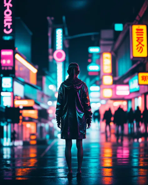 photograph of woman standing alone in the rain silhouetted by neon lights | Cyberpunk | Night City | Canon EF 50mm f/1.8 STM Lens | 2077 | realistic | hyperrealistic | raytracing | depth of field | full of color | cinematic | highly detailed | rim lighting