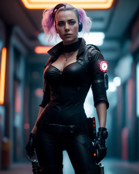 robotic female dressed as a cyberpunk ghostbuster, gorgeous, flirting, attractive, bow, futuristic ghostbusters car in background, (((full body visible))), looking at viewer, portrait, photography, detailed skin, realistic, photo-realistic, 8k, highly detailed, full length frame, High detail RAW color art, piercing, diffused soft lighting, shallow depth of field, sharp focus, hyperrealism, cinematic lighting, cyberpunk