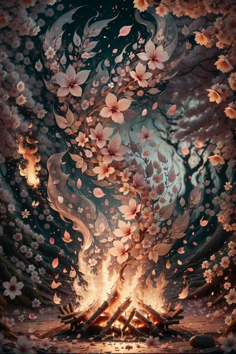<lora:sakura-leaf-style-darquelilly-v1:1> sakuraleafstyle, cherry blossoms, flower, petals, fire