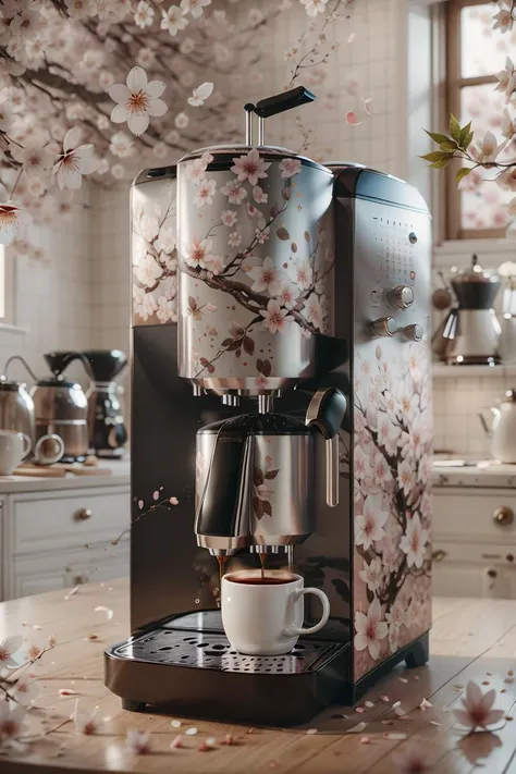 <lora:sakura-leaf-style-darquelilly-v1:1> sakuraleafstyle, cherry blossoms, flower, petals, (coffee machine)