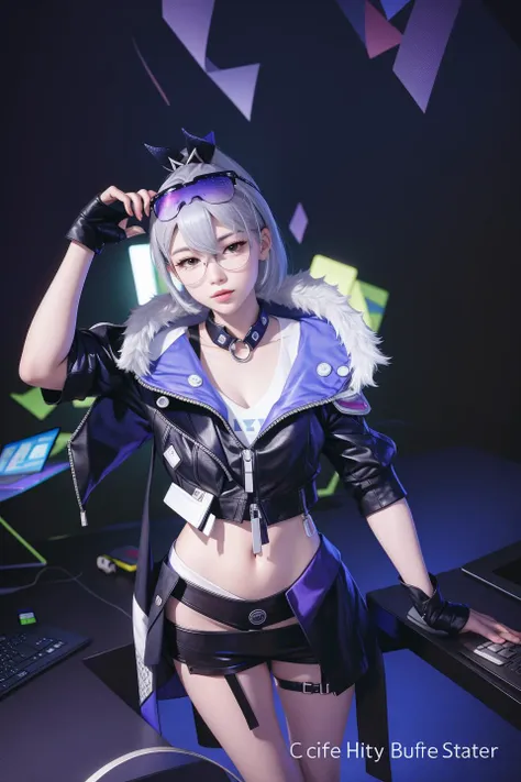 (sfw), <lora:Sv4-06>, sliver wolf, Silver Wolf, epic quality, masterpiece, best quality, 8k, (looking at viewer:1.4), (young Asian woman with silver hair), beautiful face, (detailed face), extremely detailed iris, beautiful eyes, perfect hands, a-cup breast, hyper detailed, best quality, ultra high res, photorealistic, high resolution, detailed, raw photo, buff, sunglasses, hacking a computer, full body view, standing leaning forward