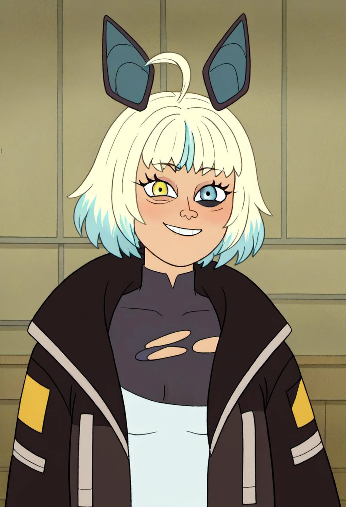 zPDXL, zPDXLxxx, score_9, score_8_up, score_7_up, score_6_up, score_5_up, score_4_up, BREAK <lora:Regular_Show_Style:0.9>, regularshow, <lora:Sayu_Sincronisity_for_PonyXL:0.7> sayu sincronisity, 1girl, solo, heterochromia, jacket, black jacket, looking at viewer, upper body, open jacket, multicolored hair, smile, open clothes, torn clothes, shirt, indoors