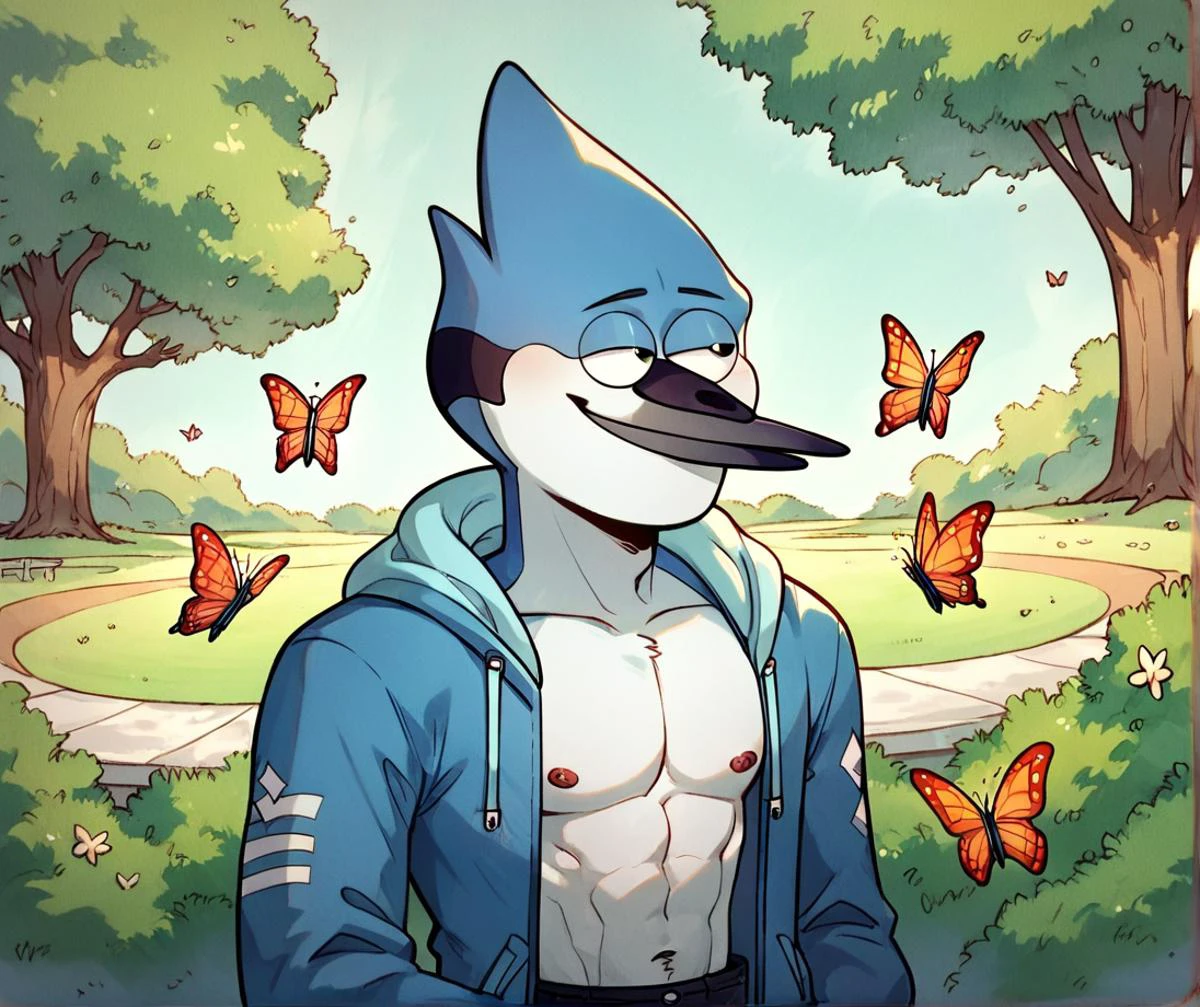 <lora:Regular_Show_Style:0.7> regularshow, hi res, score_9,score_8_up,score_7_up, a blue jay listening to a music with a mp3 player, while cleaning a park, (sunny:1.3), butterflies, smiling, male focus, zPDXL, zPDXLxxx, <lora:Pony_QualityV4.0:1.12>