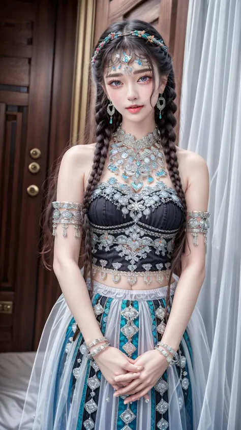 masterpiece,best quality,(detailed face, perfect face, perfect eyes, realistic eyes, perfect fingers),(clear face),fantasy girl,long hair,jewelry,earrings,looking at viewer,intricate,high detail,sharp focus,dramatic,beautiful girl,knees up,hotel room,standing,
<lora:add_detail:0.9>,
<lora:Miao girl costume_20230709152204:0.75> long skirt, flower, twin braids, beads