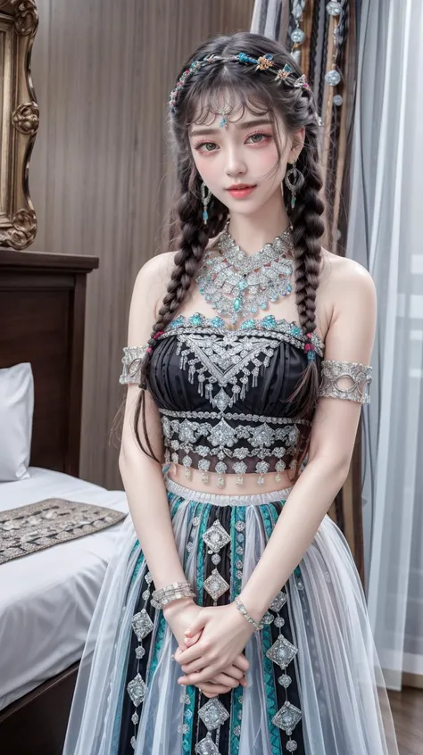 masterpiece,best quality,(detailed face, perfect face, perfect eyes, realistic eyes, perfect fingers),(clear face),fantasy girl,long hair,jewelry,earrings,looking at viewer,intricate,high detail,sharp focus,dramatic,beautiful girl,knees up,hotel room,standing,
<lora:add_detail:0.9>, 
<lora:Miao girl costume_20230709152204:0.75> long skirt, flower, twin braids, beads
