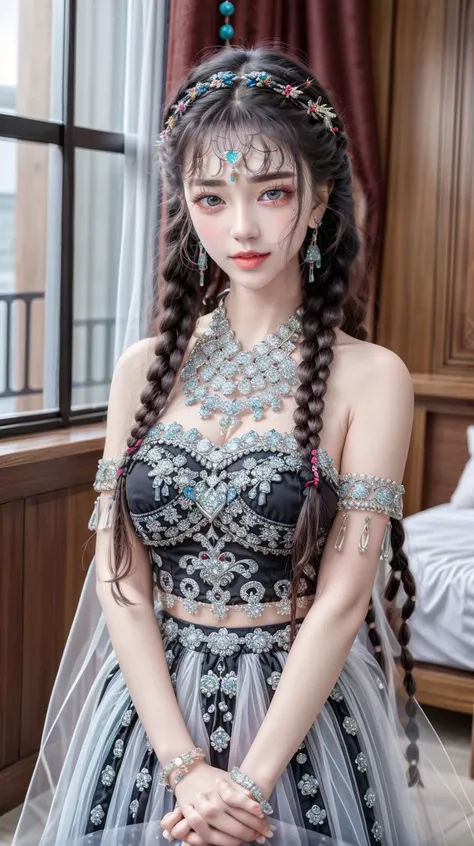 masterpiece,best quality,(detailed face, perfect face, perfect eyes, realistic eyes, perfect fingers),(clear face),fantasy girl,long hair,jewelry,earrings,looking at viewer,intricate,high detail,sharp focus,dramatic,beautiful girl,knees up,hotel room,standing,
<lora:add_detail:0.9>,
<lora:Miao girl costume_20230709152204:0.75> long skirt, flower, twin braids, beads