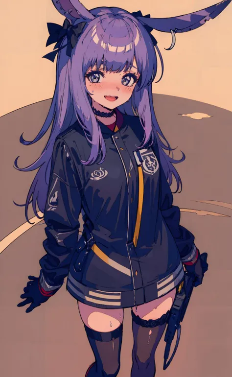 origin, 1girl, solo,standing, black thighhighs, long hair, black jacket, looking at viewer,blush,smile,sweat,open mouth, long sleeves, black gloves, <lora:rope-pynoise-000009:1> <lora:ligneart(cogecha):1>