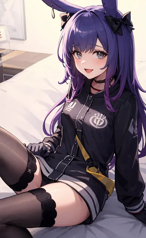 origin, 1girl, solo, black thighhighs, long hair, black jacket, looking at viewer, smile, sitting, open mouth, long sleeves, black gloves, <lora:rope-pynoise-000009:1>