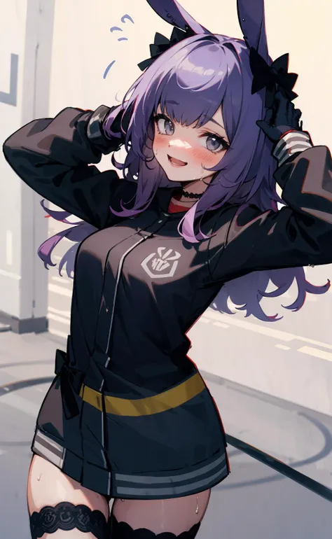 origin, 1girl, solo,arms up, black thighhighs, long hair, black jacket, looking at viewer,blush,smile,sweat,open mouth, long sleeves, black gloves, <lora:rope-pynoise-000009:1>