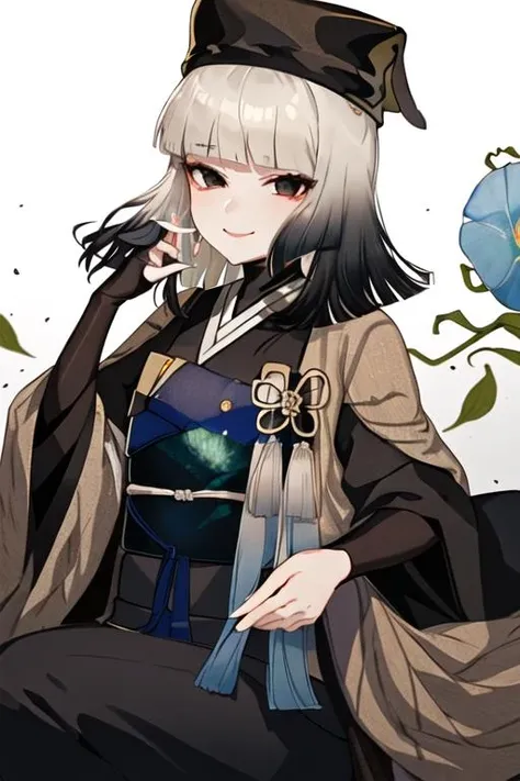 best quality, masterpiece, highres, solo, {sen_no_rikyu_fgo:1.15}, bangs, blunt_bangs, hat, black_eyes, black_hair, medium_hair, gradient_hair, grey_hair, multicolored_hair, black_headwear, tassel, smile, small_breasts, 