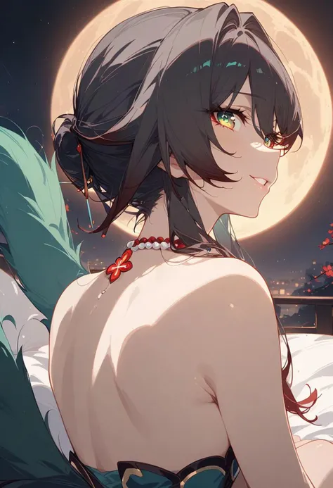 gorgeous lips, cinematic, (masterpiece), (best quality), (ultra-detailed), very aesthetic, illustration, perfect composition, intricate details, absurdres, detailed face, (anime, masterpiece, intricate:1.3), (best quality, hires textures, high detail:1.2), (4k),(incredibly detailed:1.4) falling sakura blossoms, sexy pose, sitting_position_on_the_edge_of_the_bed, sexy young woman, charming evil smile, gorgeous lips, Hu Tao possessed by Ruan Mei, Hu Tao Honkai Star rail, green hair, green eyes, wearing intricate Hu Tao outfit, glowing green fox tail, laid back fox ears, back, wearing diamond and ruby necklace, looking viewer, eyes, 1_beautiful_girl ,beautiful, perfect_quality, perfect_anatomy, masterpiece, moon, night, moonlight, beautiful starry sky,