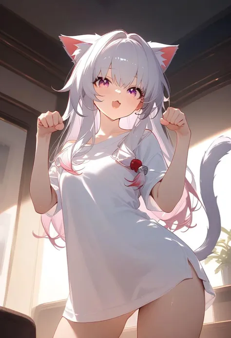 cinematic lighting, best quality, masterpiece, highres, detailed, perfect anatomy, clara \(honkai: star rail\), cat ears, cat tail, oversized shirt, white shirt, paw pose, indoor